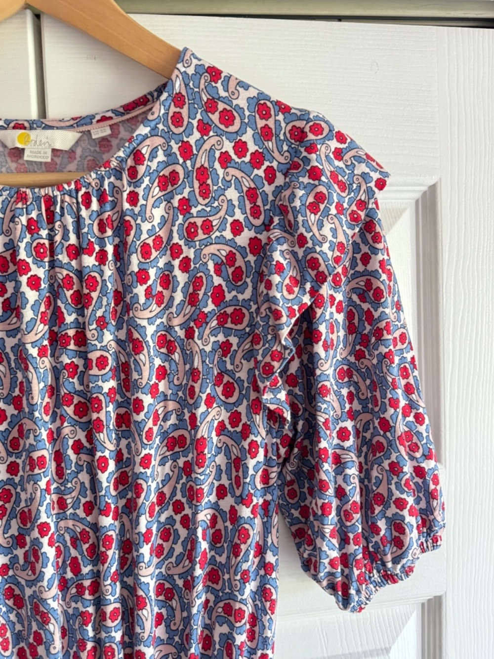 Boden Jersey Knit Midi Dress Ruffle Shoulder Paisley Floral All Over Print Sz 4 - Picture 6 of 16